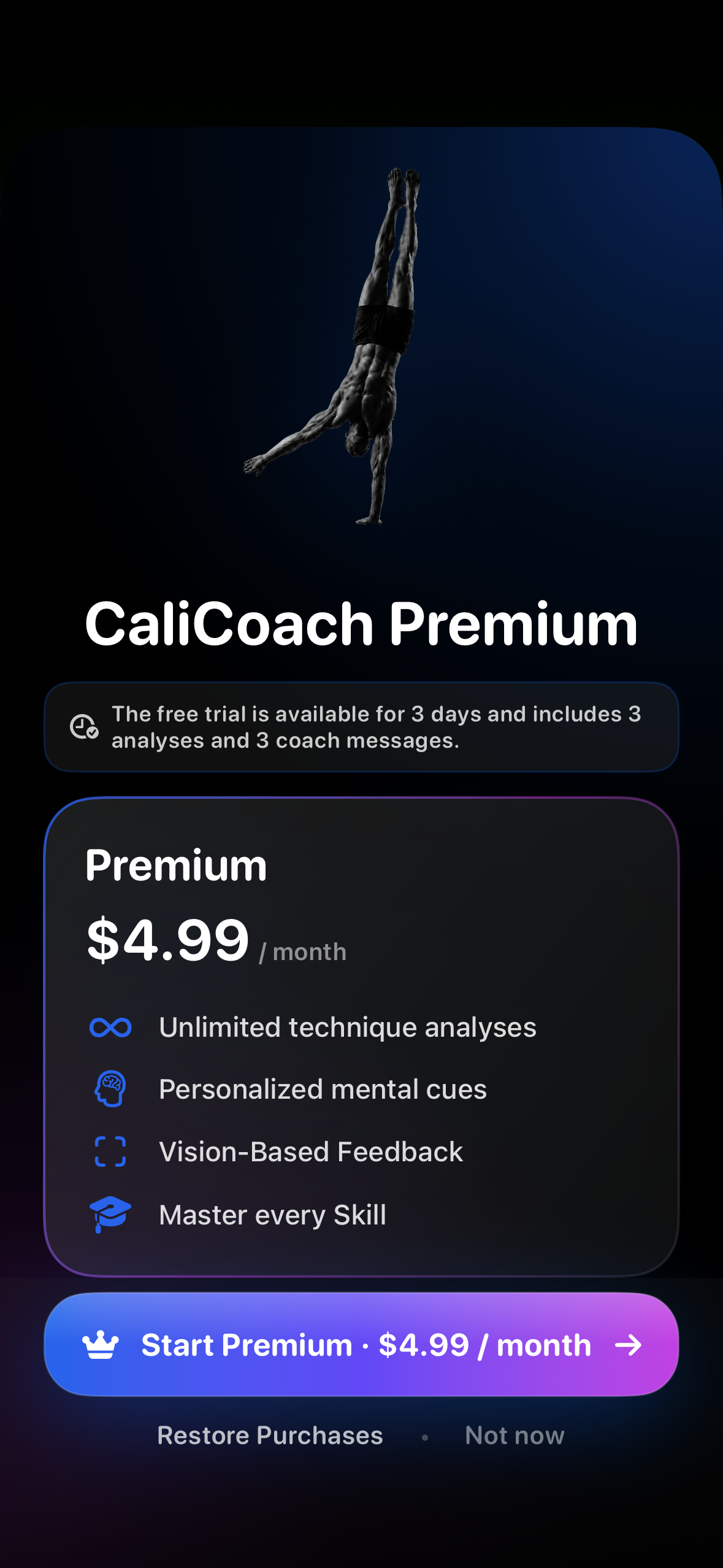 CaliCoach premium subscription screen